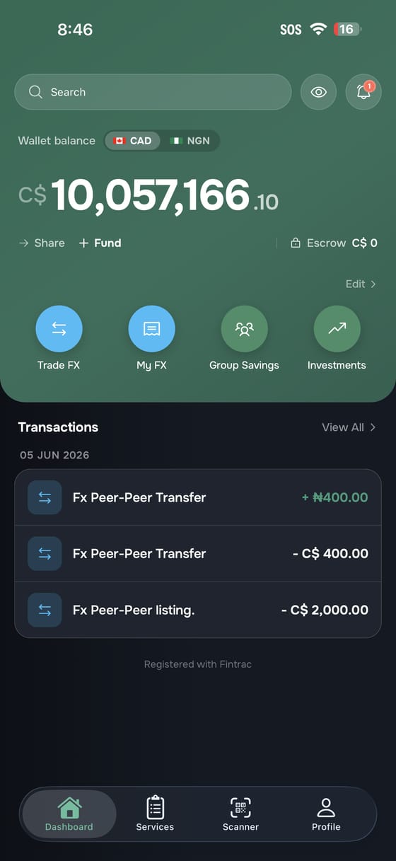 Plural app multi-currency dashboard showing CAD and NGN balances