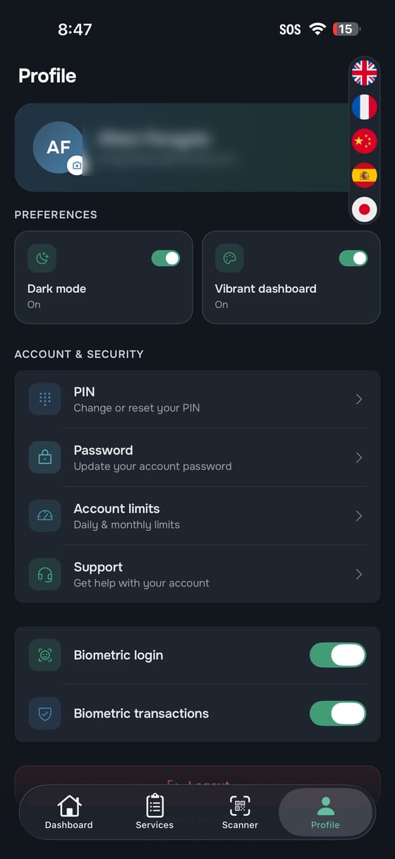 Plural profile screen with dark mode, dashboard settings and language selector